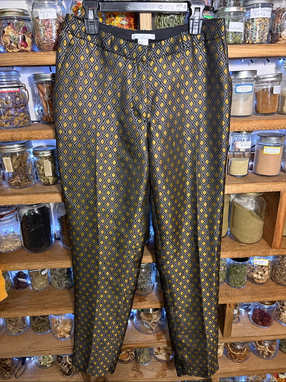 H&M Metallic Jacquard Ankle Pants Size 4 NWT Gold Black Geometric Print Career